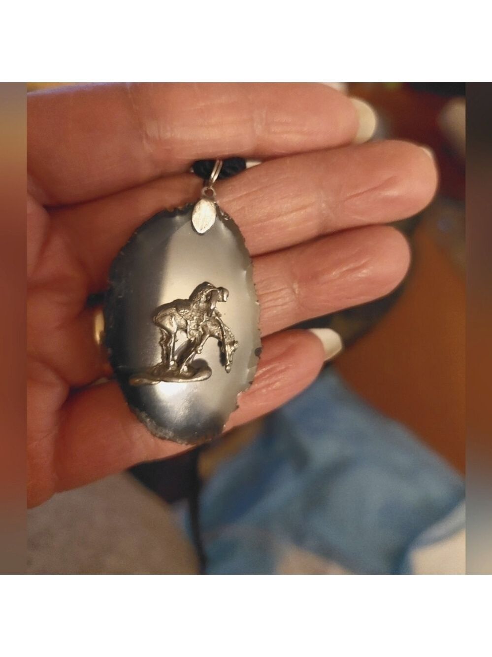 Vintage* Unisex Pewter End of Trail Horserider on Agate Pendant